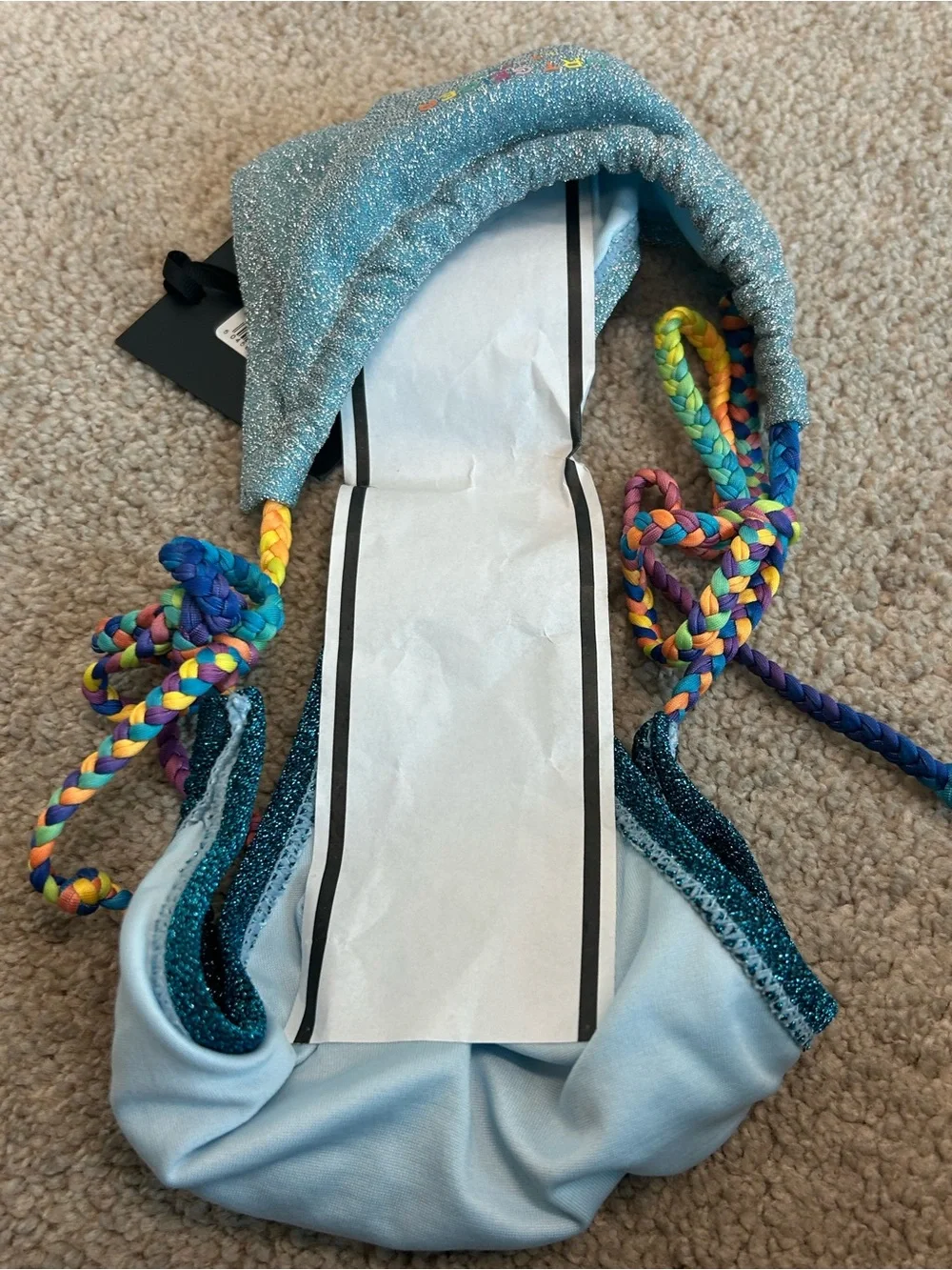 Kurt Geiger London Rainbow String Bikini Bottom Metallic Blue Glitter Size M NWT